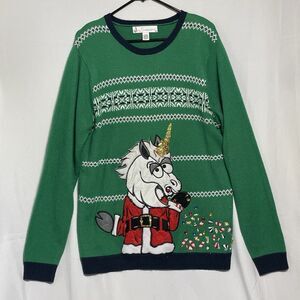 Jolly Sweaters Ugly Christmas‎ Holiday Party Unicorn Santa Size Large Shirt Crew